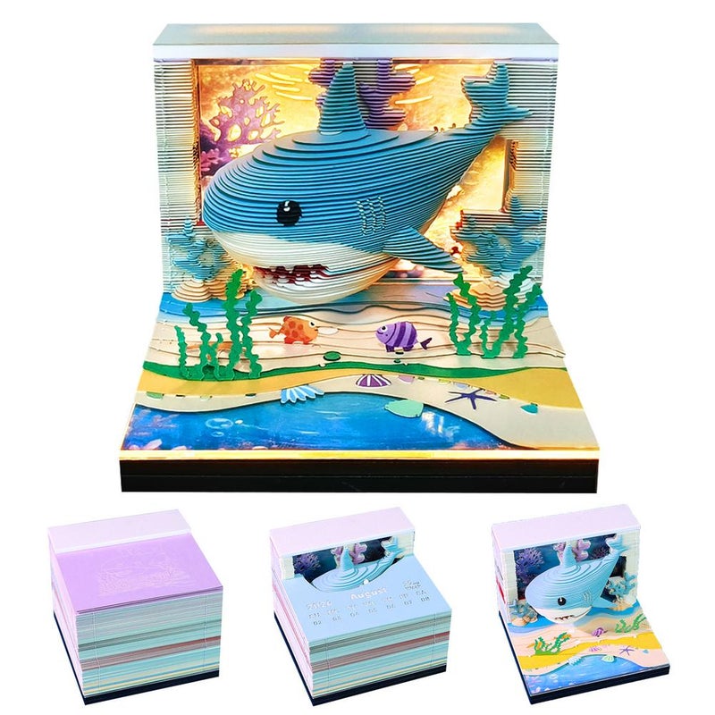 3D Christmas 2026,3D Shark Ocean Underwater World Time Piece Calendar with LED Light,Sticky Note Pad Paper Carving Art Craftwork Desk Decor Gift for Birthdays Holidays Christmas - Image 1